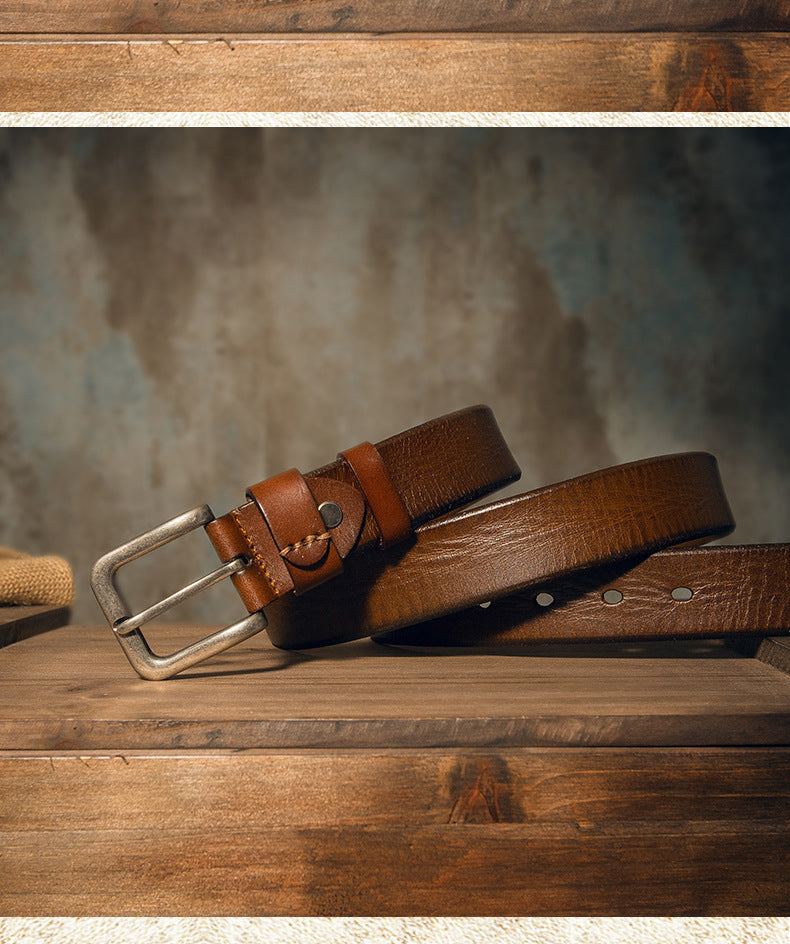 メンズベルト 牛革本革製 手作り 針バックル シンプルカジュアル ヴィンテージファッション男性用ベルト