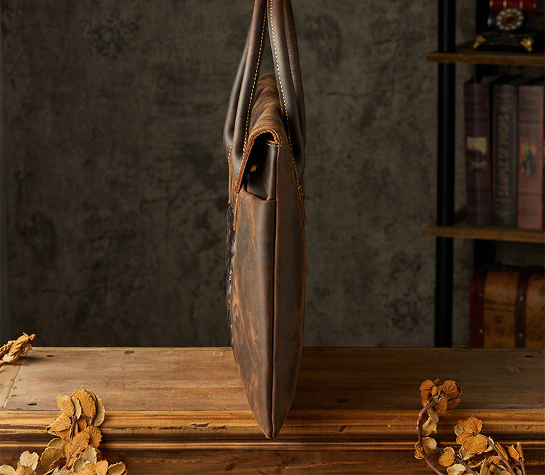 メンズ手提げかばんハンドバッグ手作業牛皮クレイジー・ホース 出張携帯便利ビジネスカジュアル男性用ブリーフケース薄型パソコンバッグ