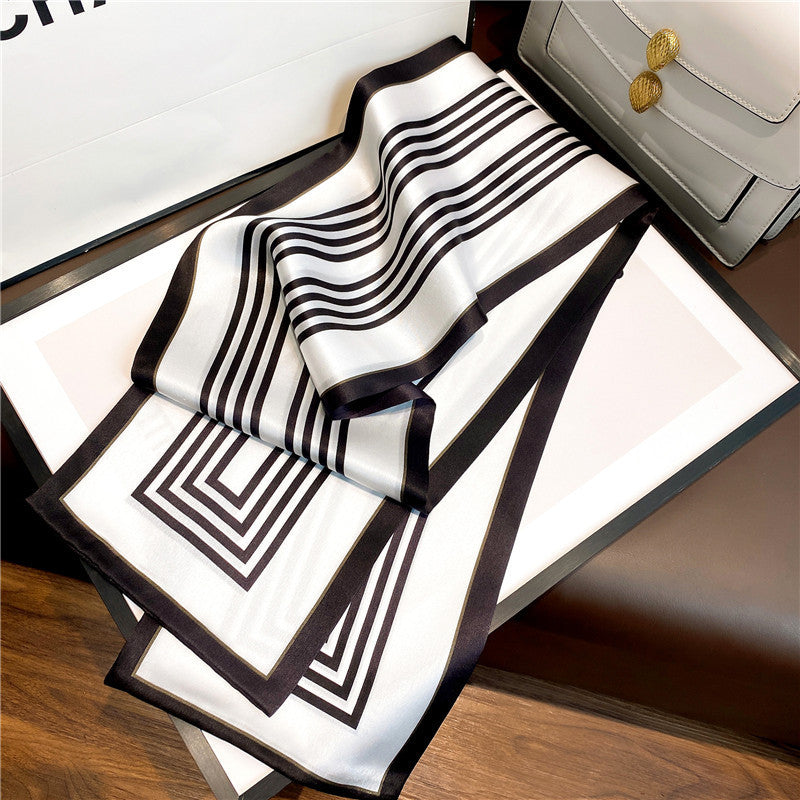 シルクスカーフシンプル気質縦縞シルクスカーフ女性細長いファッションネックガードスカーフ