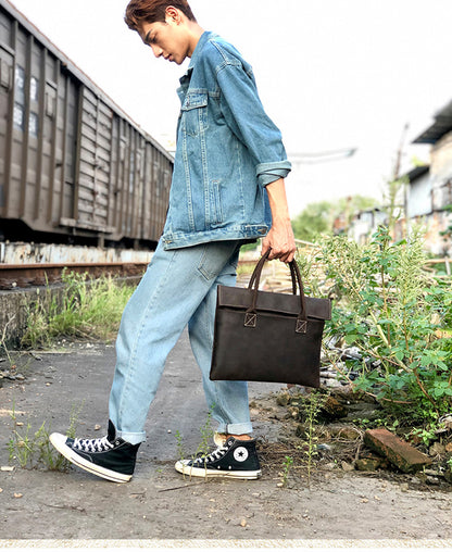 メンズ手提げかばん ハンドバッグ 手作業 韩国ファッション 牛革本革製 カジュアルビジネス用ブリーフケース薄型パソコンバッグ