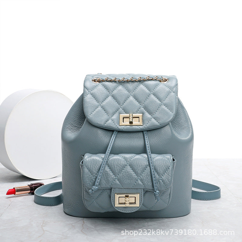 牛革レディースリュックサックチェックチェーンバッグ女性高級感カジュアルランドセル