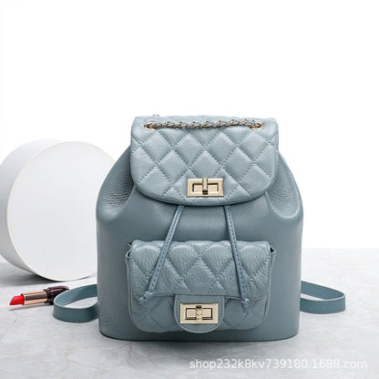 牛革レディースリュックサックチェックチェーンバッグ女性高級感カジュアルランドセル