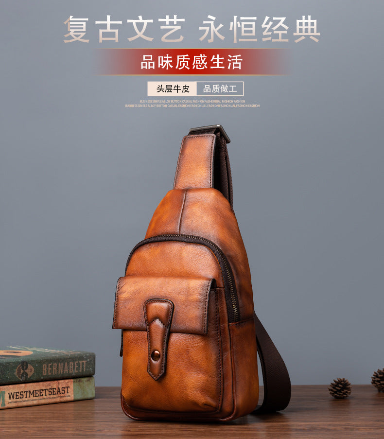 メンズバストバッグ牛革本革製レトロカジュアル男性用斜めがけバッグ
