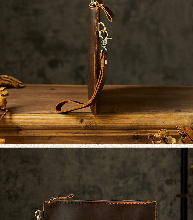 メンズ財布 手作業 牛皮本革製 レトロ ファスナー シンプル クラッチバッグ男性用ウォレット