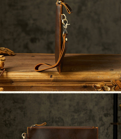 メンズ財布 手作業 牛皮本革製 レトロ ファスナー シンプル クラッチバッグ男性用ウォレット