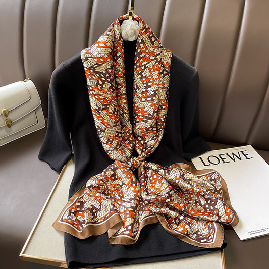 スカーフ字母柄シミュレーションシルク気質スカーフ女性ネッカチーフ長大きなリボン