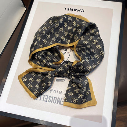 シルクフランス両面ロングスカーフ女性プリント柄ファッションシルク二重リボン