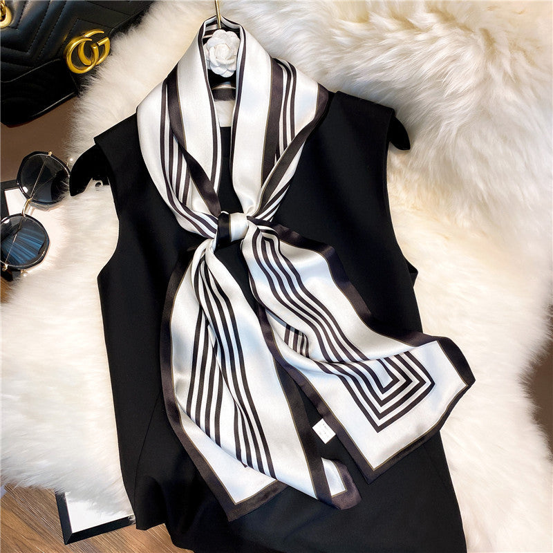 シルクスカーフシンプル気質縦縞シルクスカーフ女性細長いファッションネックガードスカーフ