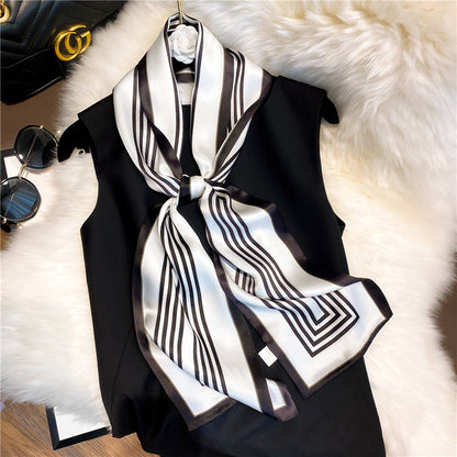 シルクスカーフシンプル気質縦縞シルクスカーフ女性細長いファッションネックガードスカーフ