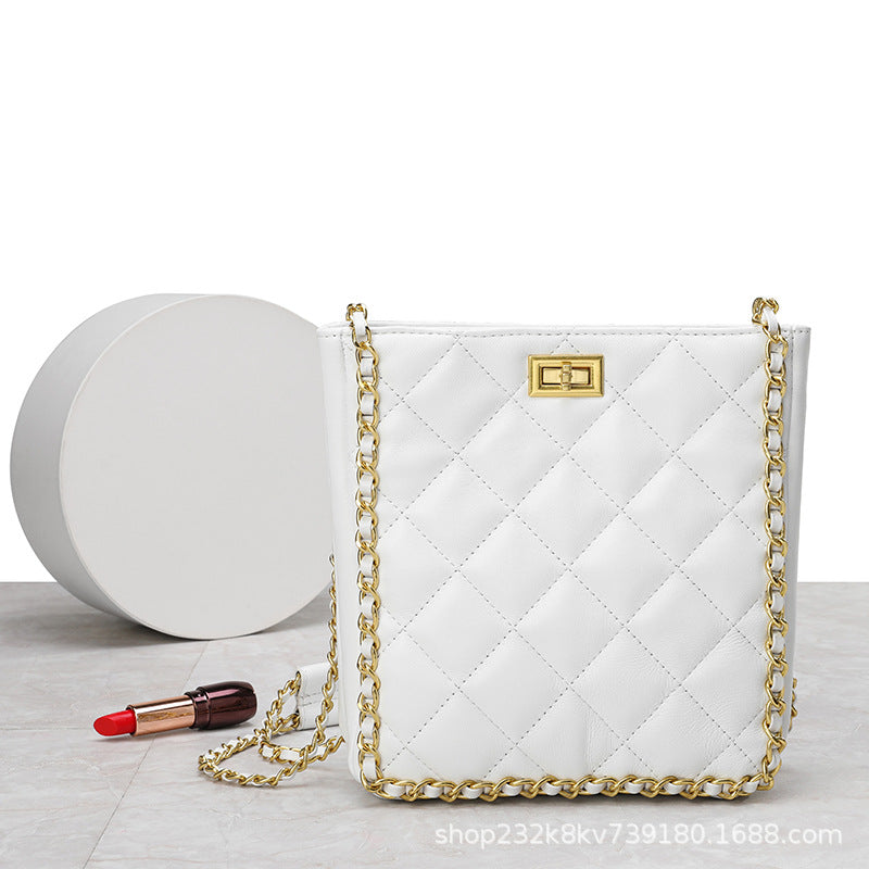 高品質のチェックレディースチェーンバッグヒツジ革バケツバッグ何とでも合う本革ショルダーバッグ.ポシェット