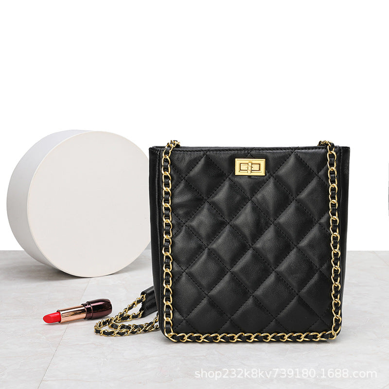 高品質のチェックレディースチェーンバッグヒツジ革バケツバッグ何とでも合う本革ショルダーバッグ.ポシェット