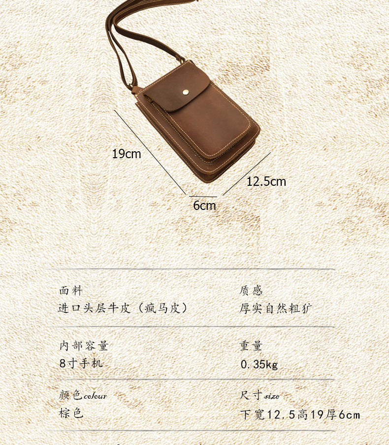 メンズショルダーバッグ 手作り 牛皮本革 クレイジー・ホース 男性用斜めがけバッグ スマホポーチ ウエストポーチ