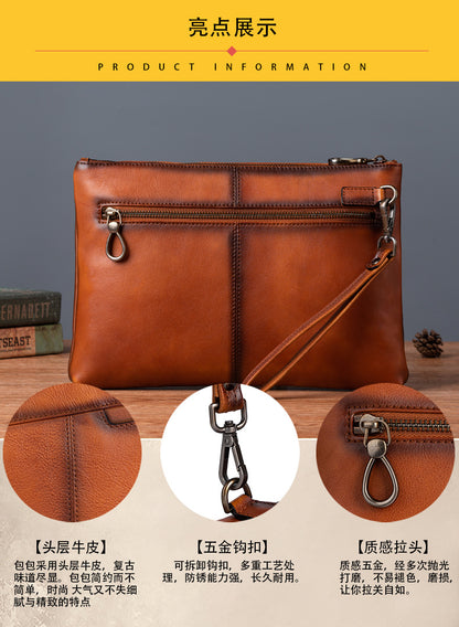 メンズ財布牛革本革製クラッチバッグレトロカジュアル男性用ハンドバッグ