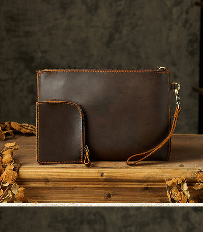 メンズ財布 手作業 牛皮本革製 レトロ ファスナー シンプル クラッチバッグ男性用ウォレット