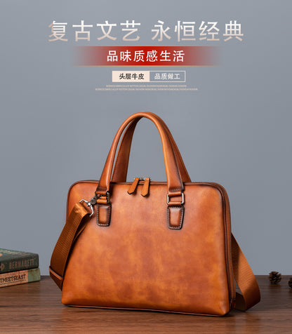 メンズブリーフケース牛革本革製レトロカジュアル男性用斜めがけバッグハンドバッグ
