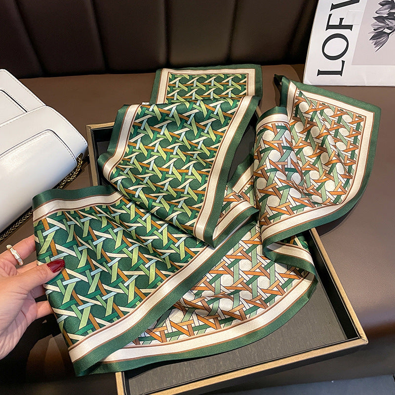 シルクスカーフシンプルな二重二色幾何柄高品質二重リボン気質ネッカチーフ