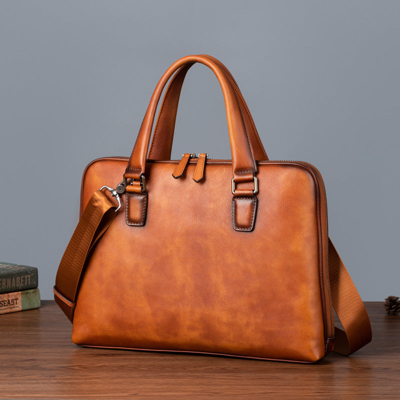 メンズブリーフケース牛革本革製レトロカジュアル男性用斜めがけバッグハンドバッグ