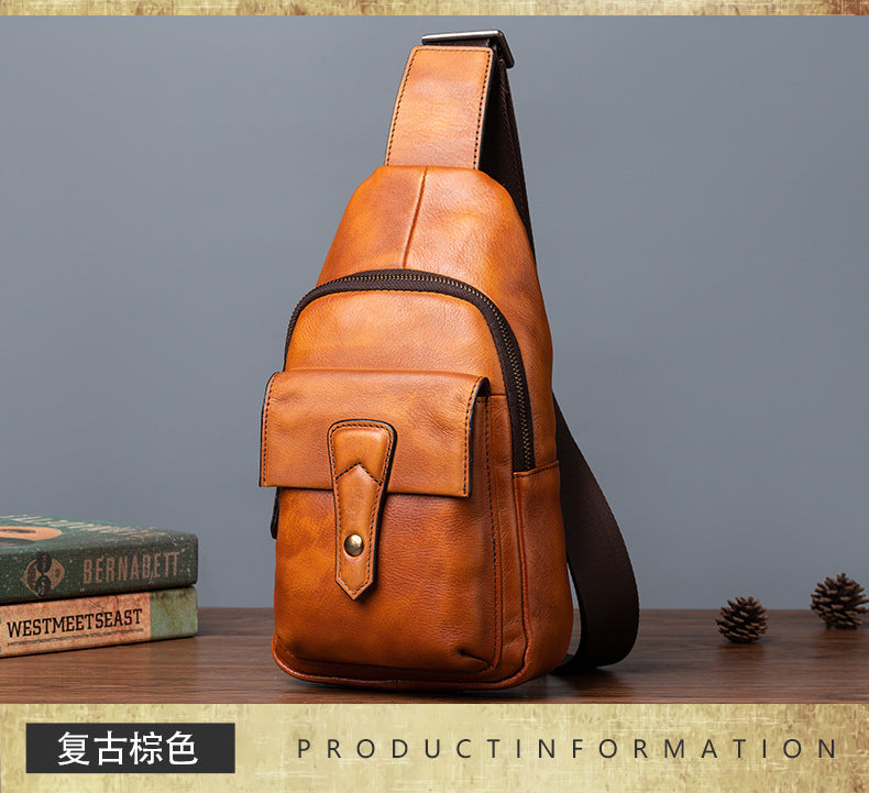 メンズバストバッグ牛革本革製レトロカジュアル男性用斜めがけバッグ