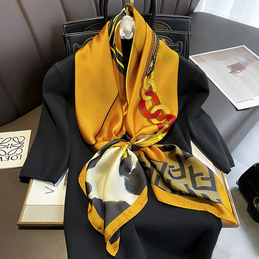 スカーフ女性字母柄プリント柄何とでも合うリボンシミュレーションシルク大きなスカーフ