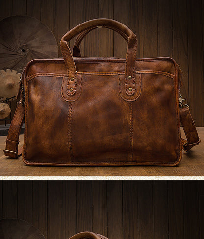 メンズ手提げかばん ブリーフケース 手作り 牛皮 レトロ旅行かばん 斜めがけショルダーバッグ パソコンバッグ ハンドバッグ