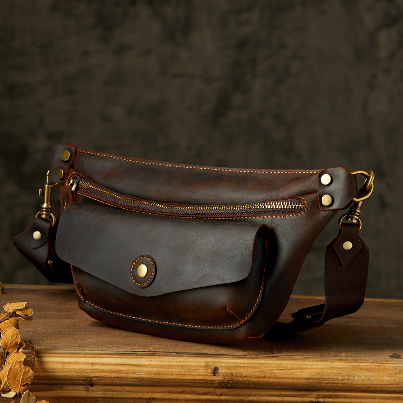 メンズバストバッグ手作り牛革本革製個性ウエストポーチ レトロカジュアルファッション男性用斜めがけバッグショルダーバッグ