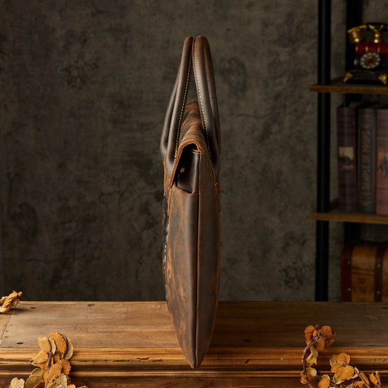 メンズ手提げかばんハンドバッグ手作業牛皮クレイジー・ホース 出張携帯便利ビジネスカジュアル男性用ブリーフケース薄型パソコンバッグ