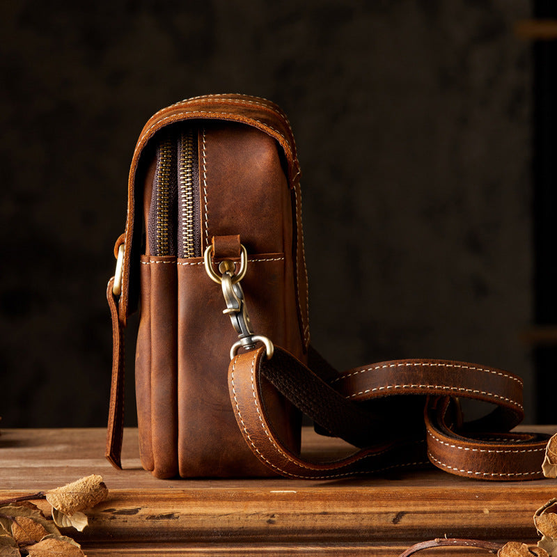 メンズショルダーバッグ オリジナル手作り 牛皮本革製 カジュアル 男性用 斜めがけバッグスマホポーチ