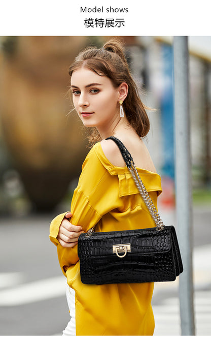 本革レディースバッグ鰐柄ファッションチェーンバッグ高品質斜め掛けバッグスクエアバッグ気質ショルダーバッグ.ポシェット