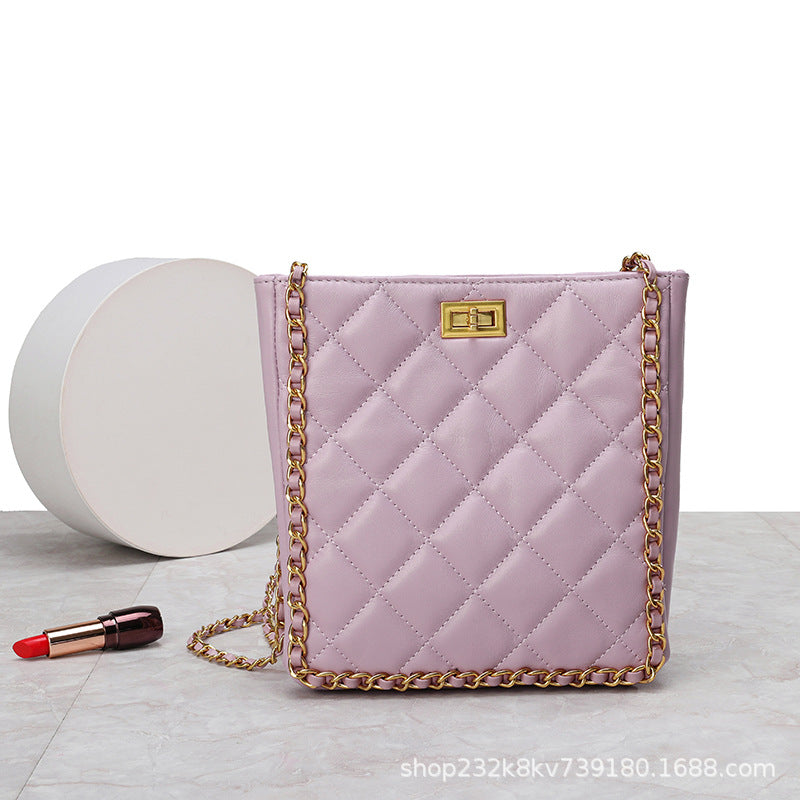 高品質のチェックレディースチェーンバッグヒツジ革バケツバッグ何とでも合う本革ショルダーバッグ.ポシェット