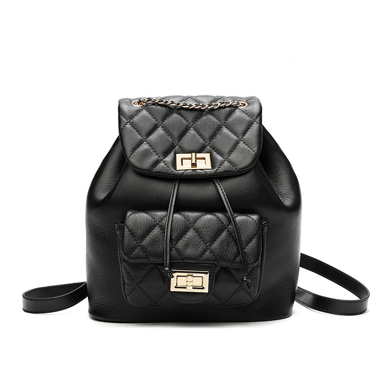 牛革レディースリュックサックチェックチェーンバッグ女性高級感カジュアルランドセル