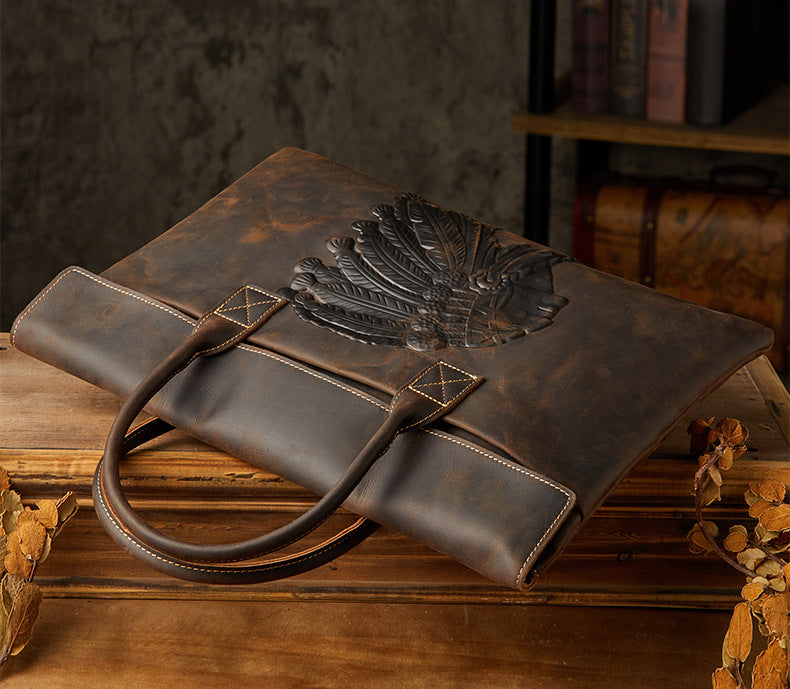 メンズ手提げかばんハンドバッグ手作業牛皮クレイジー・ホース 出張携帯便利ビジネスカジュアル男性用ブリーフケース薄型パソコンバッグ