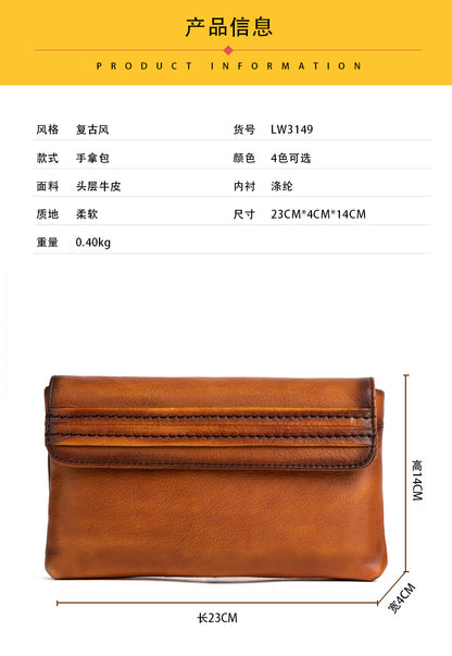 メンズクラッチバッグ牛革本革製レトロカジュアル男性用ハンドバッグ