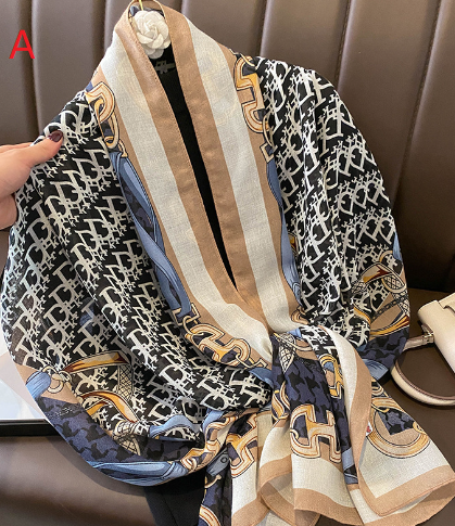 スカーフおしゃれな字母柄チェーンプリント柄綿麻手触りスカーフストール女性