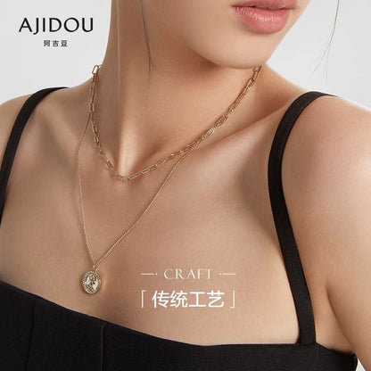 AJIDOU 金属シリーズ二重重ね式女王硬貨ネックレスペンダント二重鎖骨チェーン