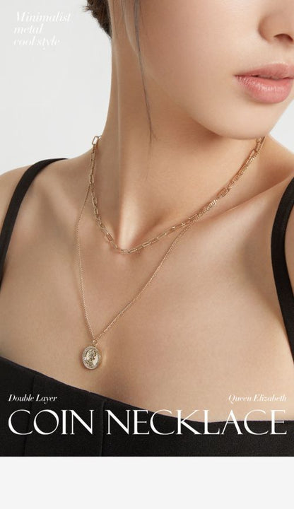 AJIDOU 金属シリーズ二重重ね式女王硬貨ネックレスペンダント二重鎖骨チェーン