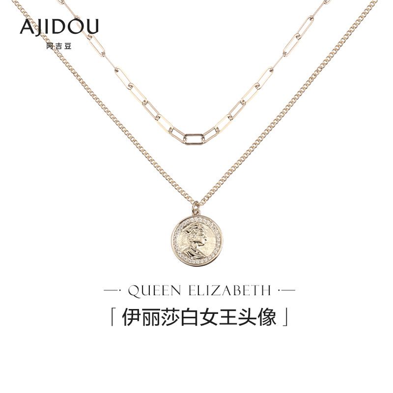 AJIDOU 金属シリーズ二重重ね式女王硬貨ネックレスペンダント二重鎖骨チェーン