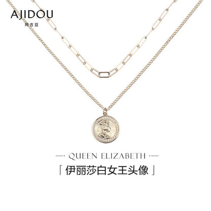 AJIDOU 金属シリーズ二重重ね式女王硬貨ネックレスペンダント二重鎖骨チェーン