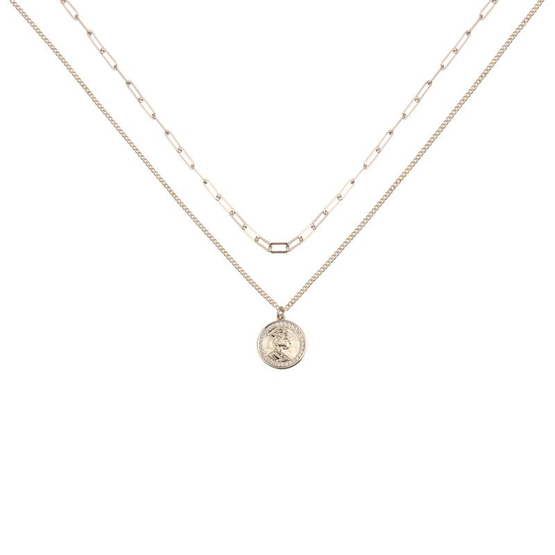AJIDOU 金属シリーズ二重重ね式女王硬貨ネックレスペンダント二重鎖骨チェーン