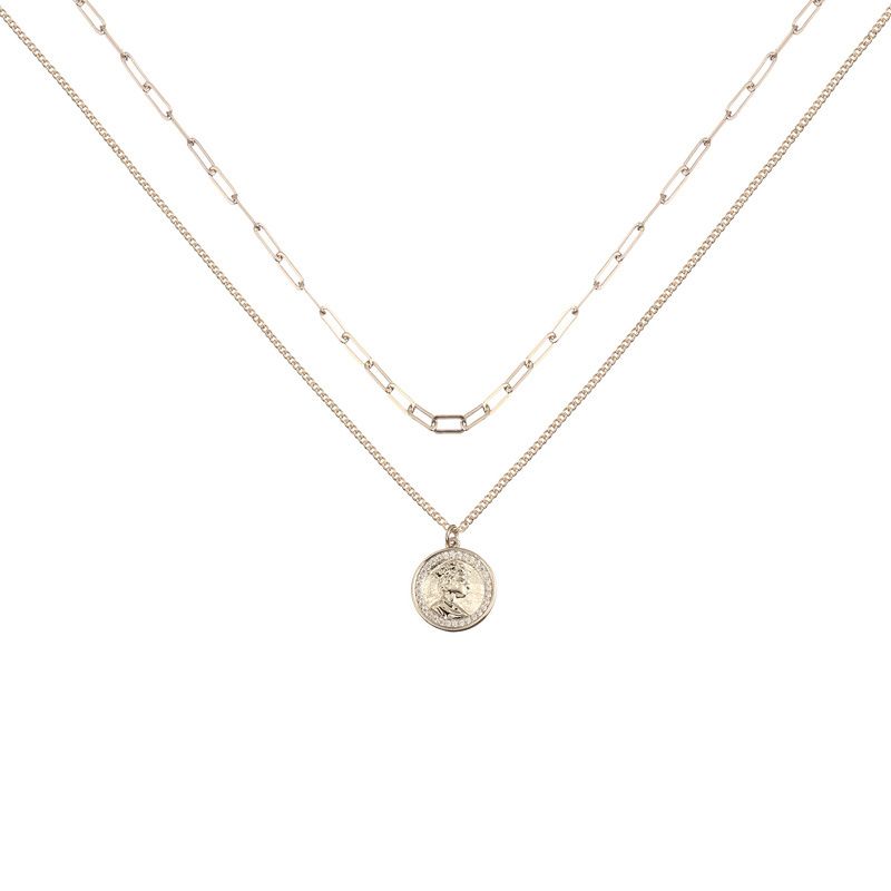 AJIDOU 金属シリーズ二重重ね式女王硬貨ネックレスペンダント二重鎖骨チェーン