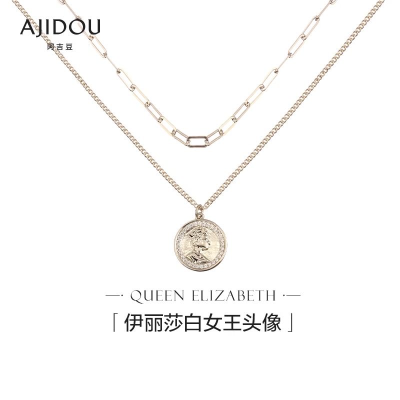 AJIDOU 金属シリーズ二重重ね式女王硬貨ネックレスペンダント二重鎖骨チェーン