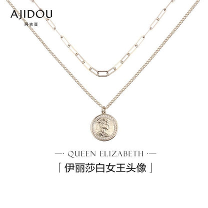 AJIDOU 金属シリーズ二重重ね式女王硬貨ネックレスペンダント二重鎖骨チェーン