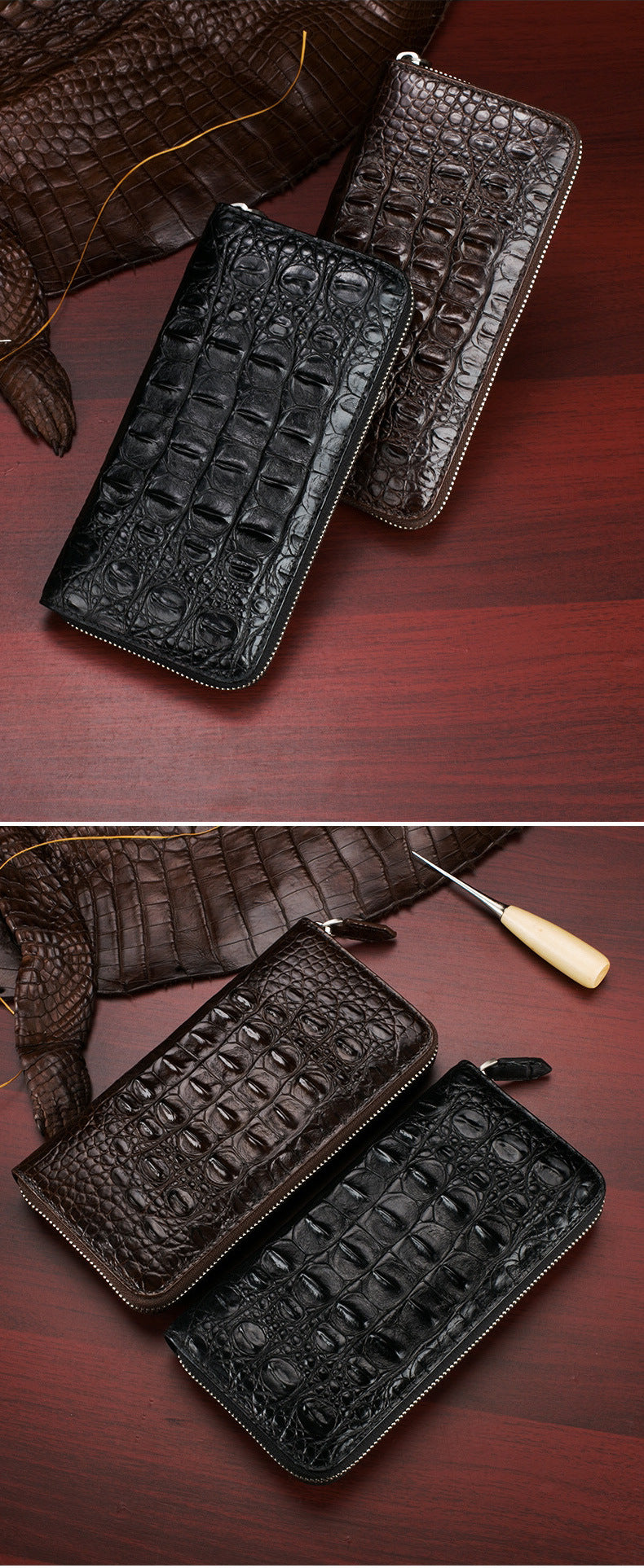 Siamese crocodile skin long wallet genuine leather wallet zipper high quality wallet handbag 