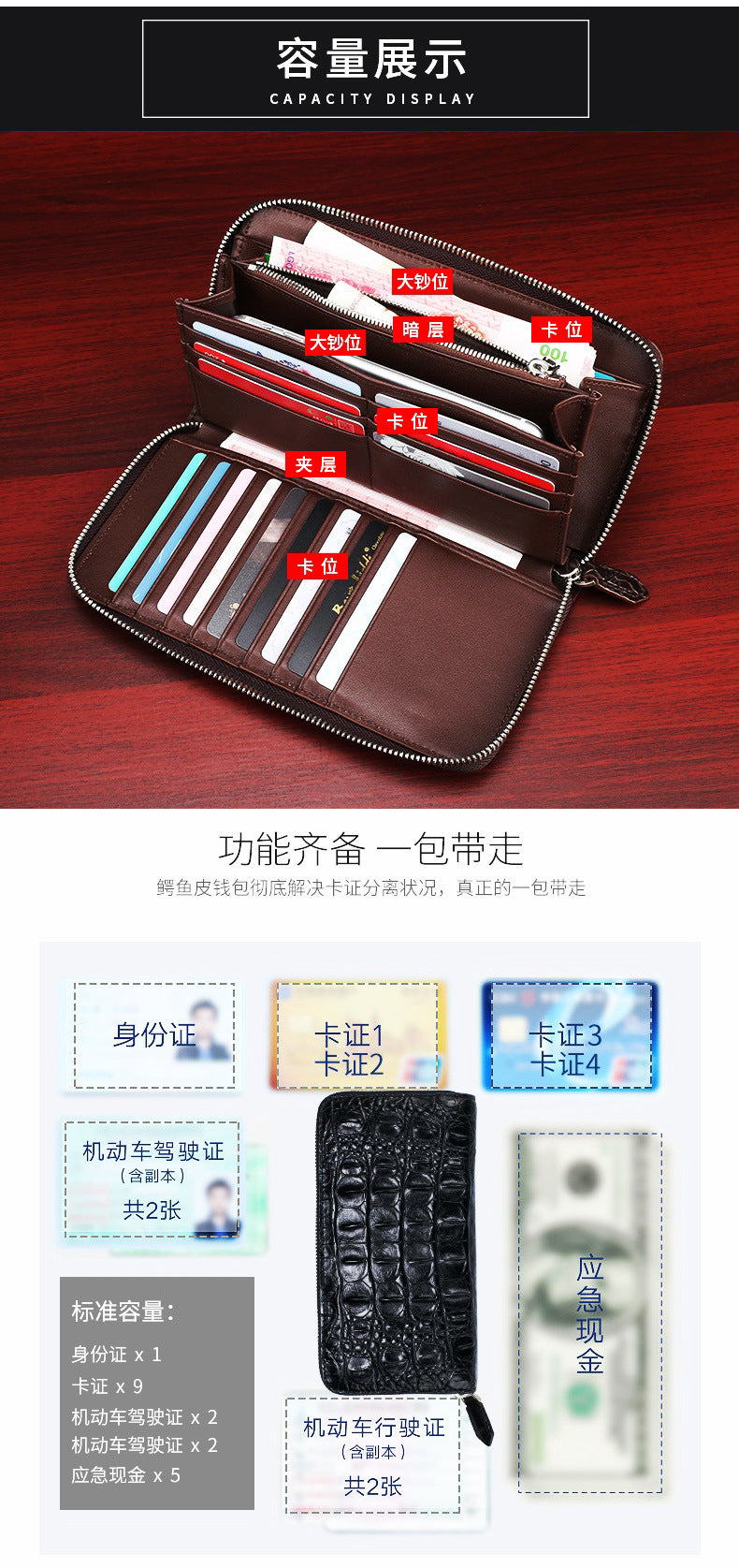 Siamese crocodile skin long wallet genuine leather wallet zipper high quality wallet handbag 