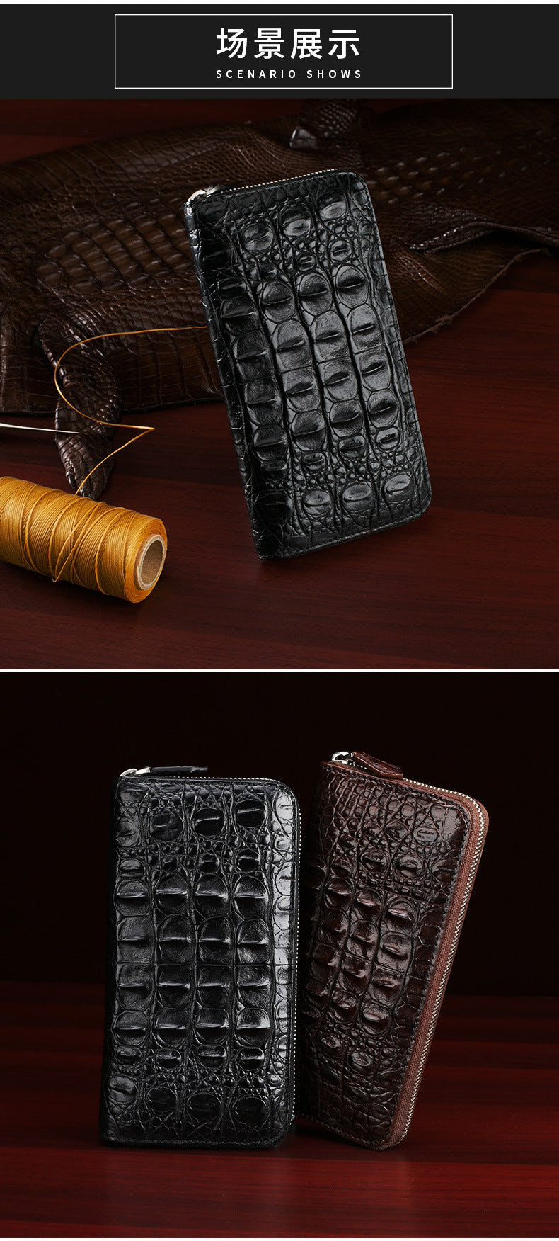 Siamese crocodile skin long wallet genuine leather wallet zipper high quality wallet handbag 