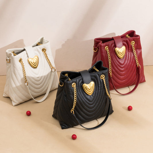 Bag Women Fashion Individuality Shoulder Crossbody Bucket Rhombus Lattice Chain Bag Cowhide Genuine Leather Ladies Bag