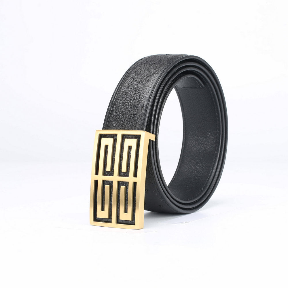 南アフリカ ダチョウの皮 本革 メンズベルトつなぎ合わせなし平滑バックル高級感紳士ベルト