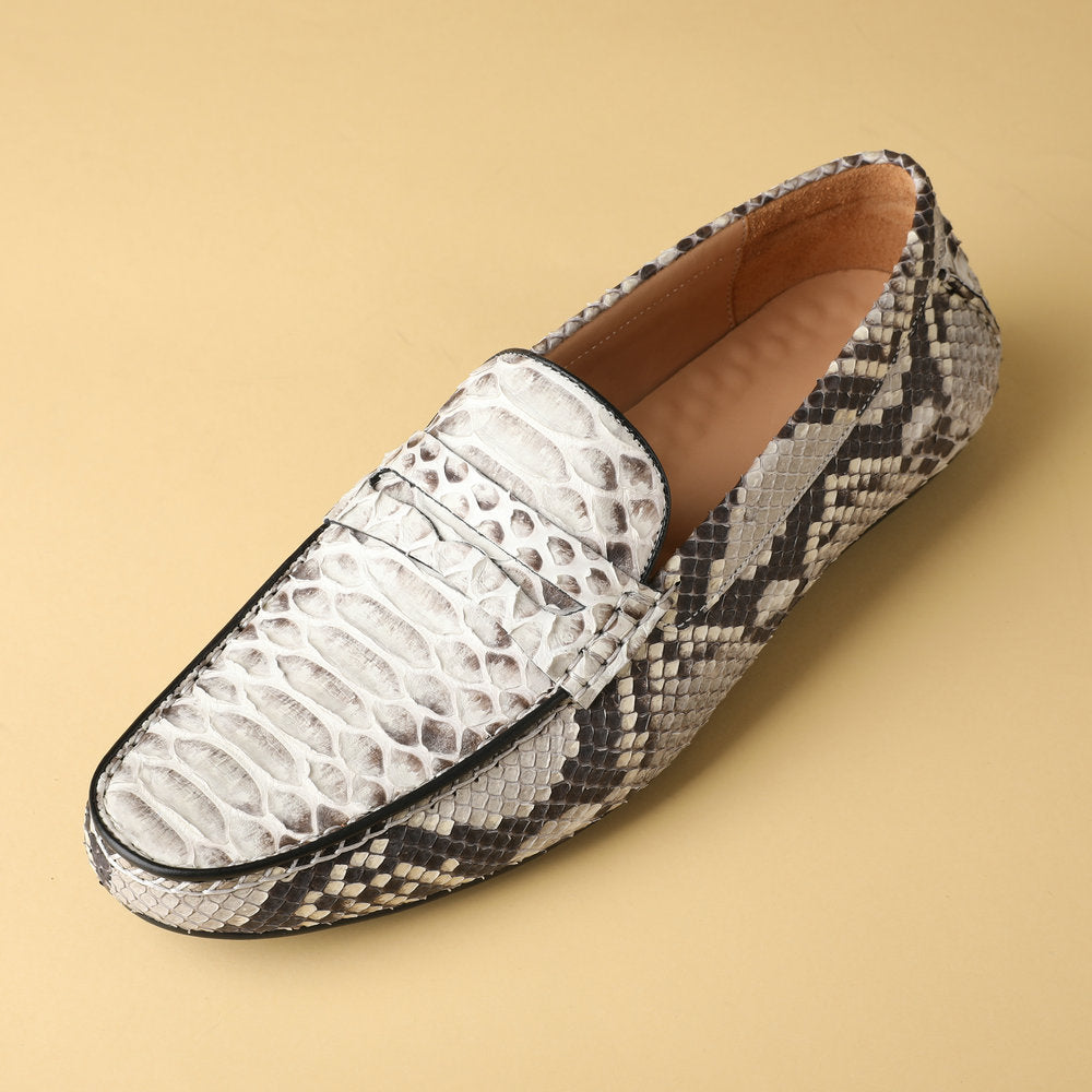 ニシキヘビ皮 本革製メンズモカシン ファッション ゴム底 男性カジュアルシューズ