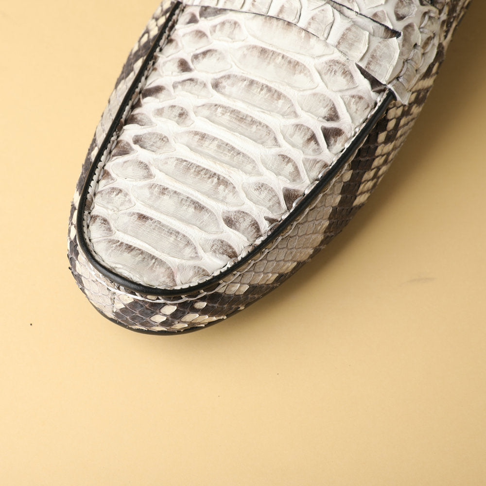 ニシキヘビ皮 本革製メンズモカシン ファッション ゴム底 男性カジュアルシューズ