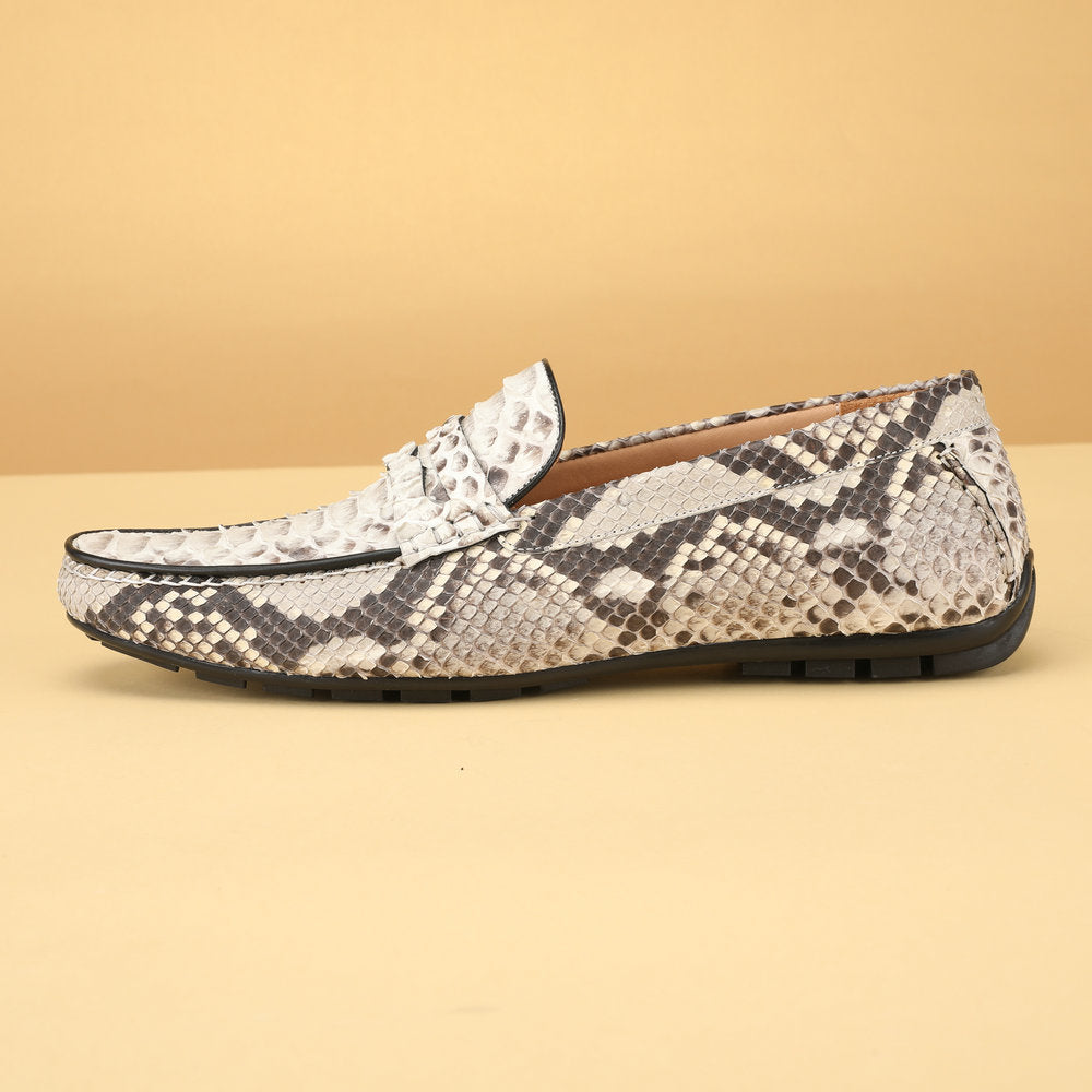 ニシキヘビ皮 本革製メンズモカシン ファッション ゴム底 男性カジュアルシューズ