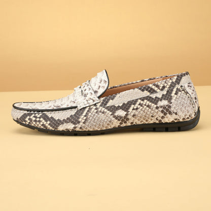 ニシキヘビ皮 本革製メンズモカシン ファッション ゴム底 男性カジュアルシューズ